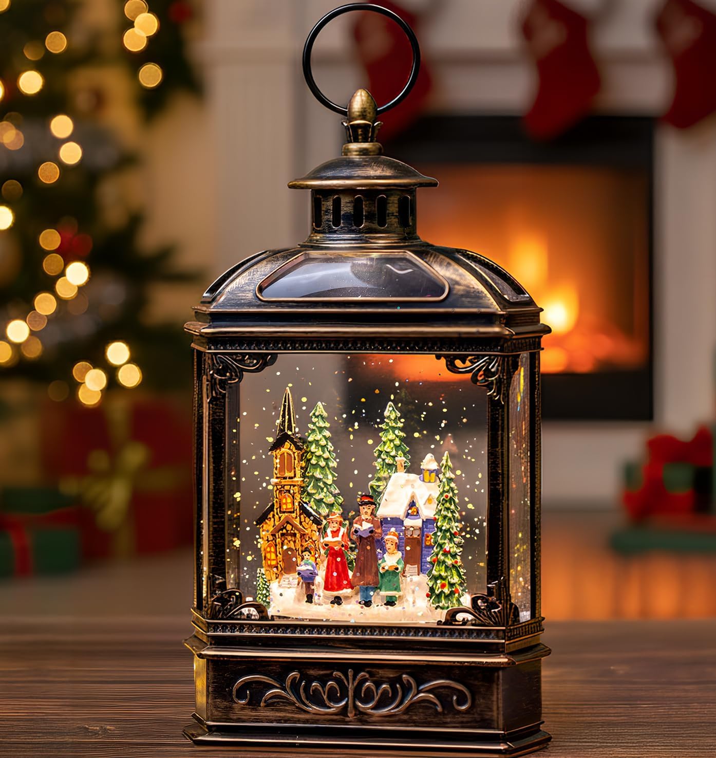 VISFLAIR Musical Snow Globe Lantern | Lighted Church Carolers Christmas Decoration - Battery or USB Powered