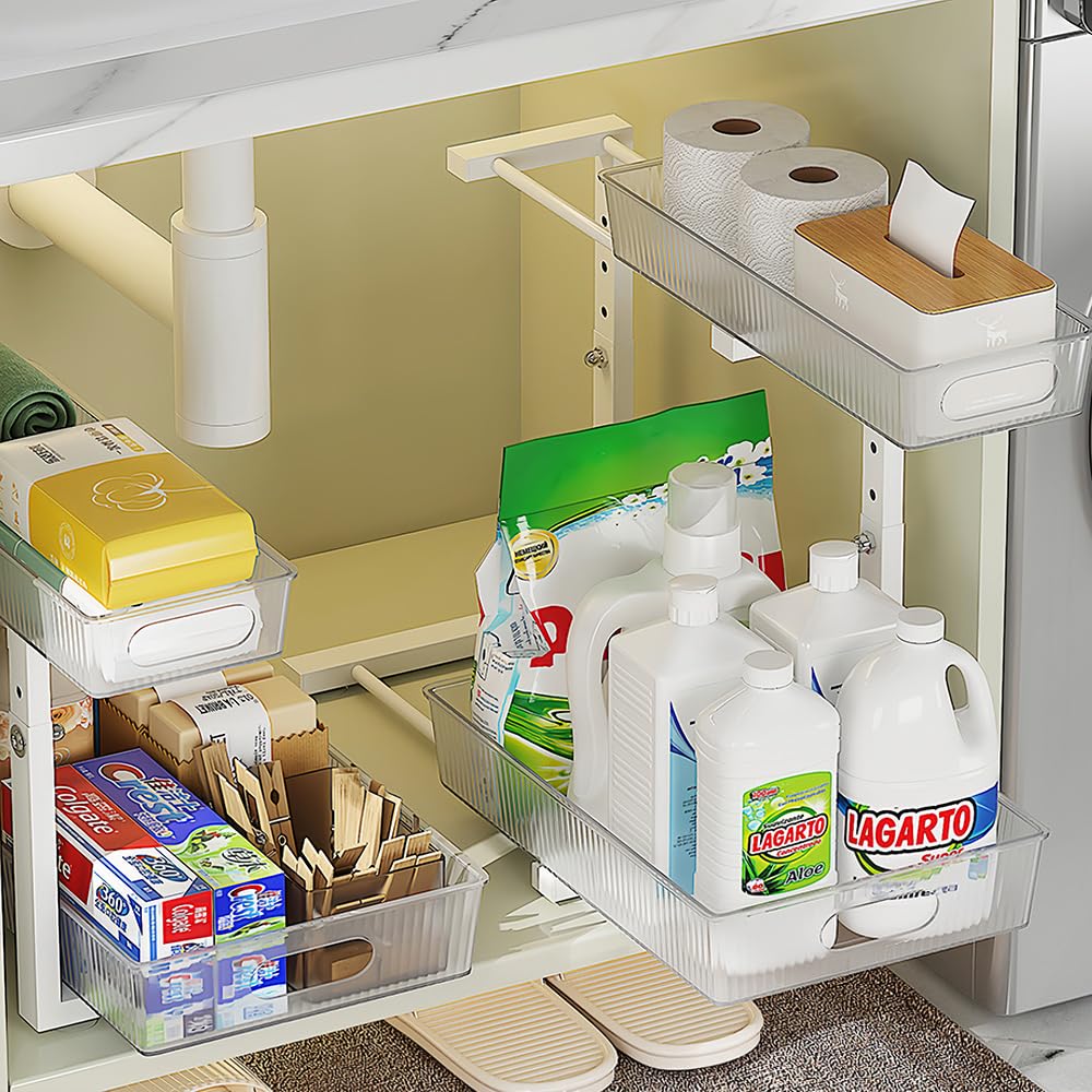 NRCUWI 2 Pack Under Sink Organizer, Pull Out Cabinet Organizer 2 Tier Slide Out, Under Sink Organizers and Storage Height Adjustable for Kitchen Bathroom Cabinet, Metal