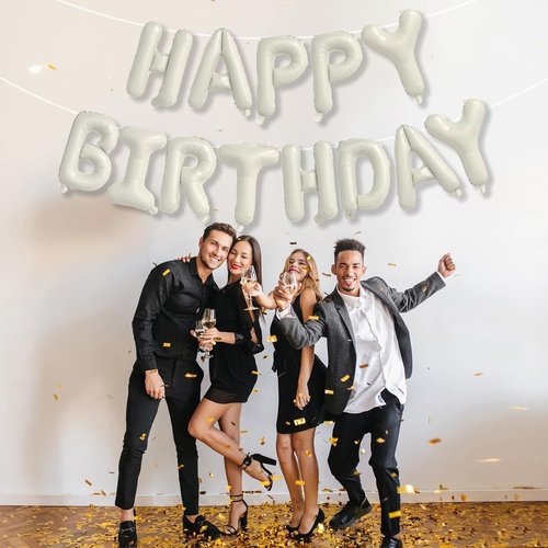 Happy Birthday Balloon Banner by Cream - Neutral Beige Foil Balloons | 16 Inch Ivory White Party Decor