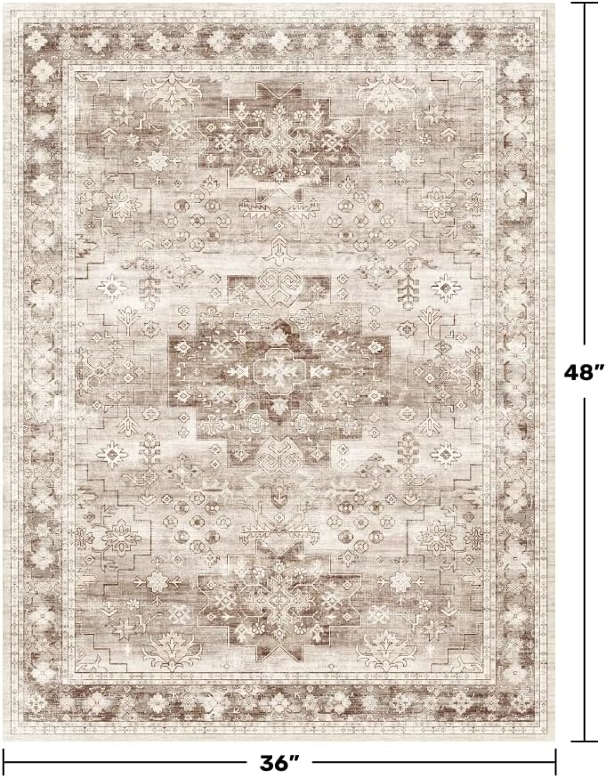 Regine Switzerland Washable Large Entryway Rug - Boho Vintage Floral Design | Non-Slip, Stain Resistant, 3x4 Beige/Latte