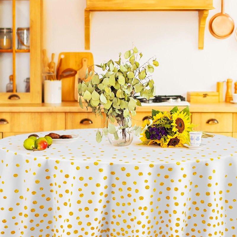 Newwiee 3 Pcs Round Dot Tablecloth 84 Inch Plastic Table Cover Graduation Confetti Tablecloths for Grad Wedding Bridal Shower Birthday Spring Graduate Party Decor (White and Gold Dots)