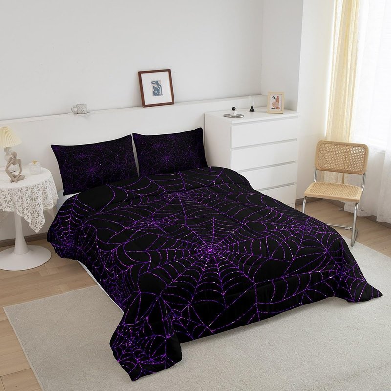 Spider Web Comforter Set Queen Size Geometric Purple Glitter Lines Bedding Set 3Pcs Halloween Quilt Set for Kids Girls Boys Women Room Decor Exotic Hippie Black Duvet Insert,2 Pillowcases