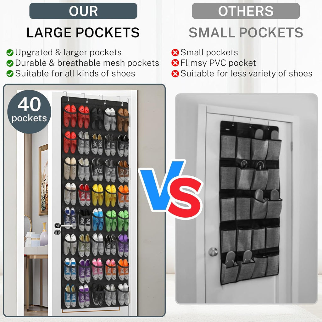 Skiennix Over The Door Shoe Organizer - 40-Pocket Hanging Rack for Closet Storage | Black Mesh Pockets