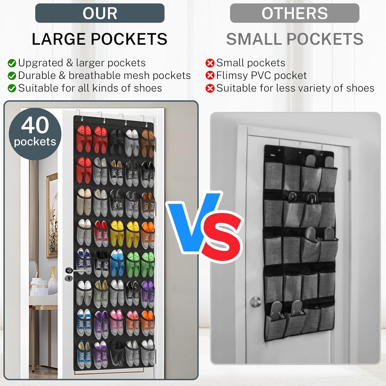 Skiennix Over The Door Shoe Organizer - 40-Pocket Hanging Rack for Closet Storage | Black Mesh Pockets