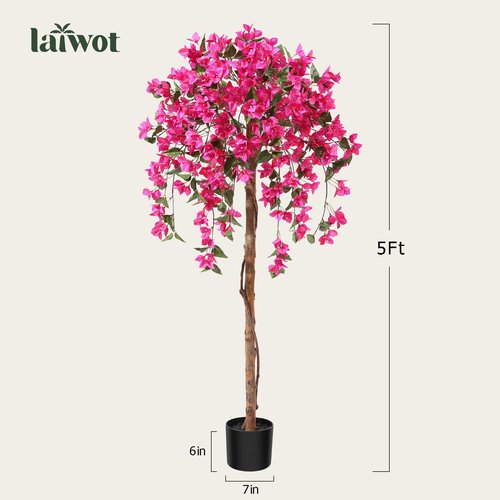 Laiwot 5FT Artificial Tree Tall Potted Fake Bougainvillea Trees for Outdoor Indoor Office Wedding Home Decor Lifelike Faux Plants with Wood Trunk and Pink Flowers