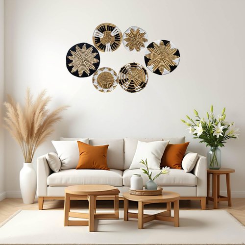 Laquedecraft Boho Wicker Rattan Plate Basket Set For Décor Hanging Wall | Large Woven Farmhouse Rustic Bohemian Art Baket Hangings For Decorative Home, Bedroom, Living Room, Kitchen, Bathroom (Art Deco, Natural, Set of 6)