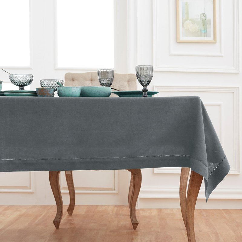 Solino Home Linen Tablecloth 52 x 52 Inch - 100% Pure Linen Charcoal Grey Square Tablecloth - Milan Hemstitch, Machine Washable Table Throw