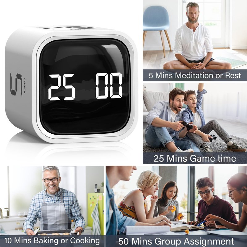 Rotating Pomodoro Timer 5, 25, 10 50 Minutes Preset, Desk Productivity Flip Timer, ADHD Tool Cube Countdown Stopwatch, Vibration/High/Low Volume/Custom Modes, for Work, Study, Back to School, White