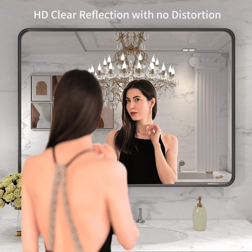 LOAAO Black Metal Framed Bathroom Mirror - 40x30 Inch Rounded Rectangle, Anti-Rust Tempered Glass, Versatile Hanging Options