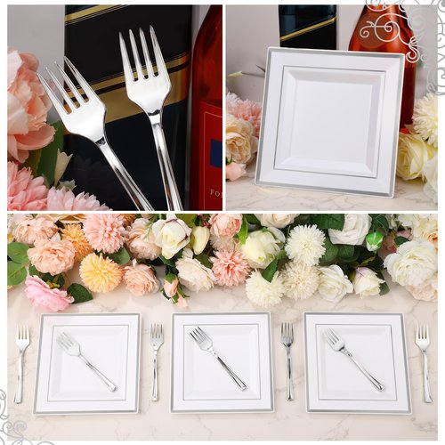 Gandeer 300 Pcs Square Plastic Plates with Forks Set Include 150 Disposable 6.5 Inch Dessert Plates Heavy Duty and 150 Plastic Appetizer Forks for 150 Guests Weddings Party Supplies(Silver)