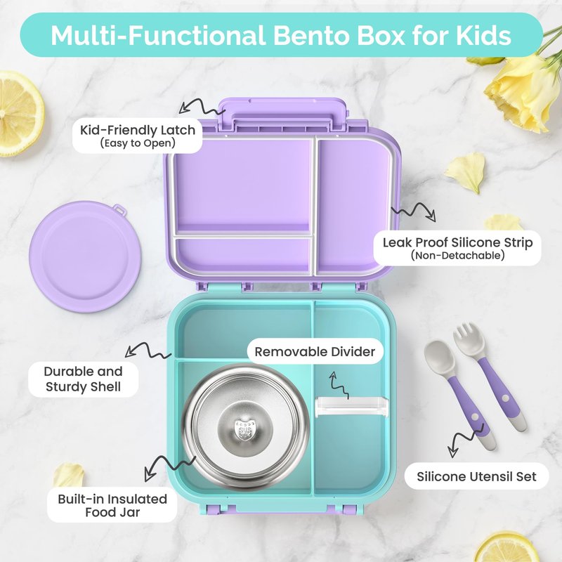 BEAQUEE Bento Box for Kids with Soup Thermos(9oz)– Kid Bento Lunch Box with Leak Proof Insulated Food Jar, Hot & Cold Lunch Container Set for School Girls Boys, 4-Compartments, Purple/Blue