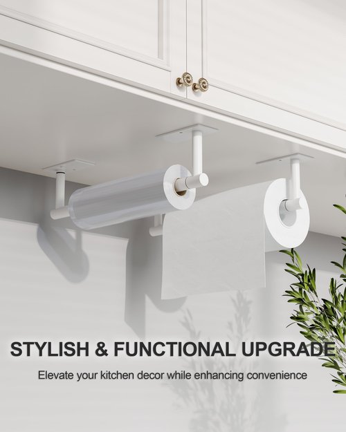 WZKALY White Paper Towel Holder Under Cabinet, Self Adhesive or Wall Mounted SUS304 Stainless Steel Paper Towel Holder for Kitchen, Bathroom, Farmhouse, Barbecue and Laundry (White)