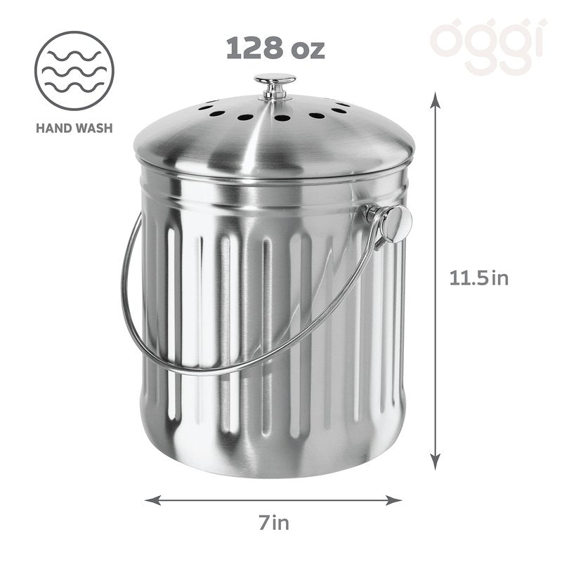 OGGI Countertop Compost Bin with Lid-1 Gallon Indoor Compost Bin w/Charcoal Filter, Stainless Steel Compost Container, Ideal Kitchen Compost Pail, Eco Friendly Products