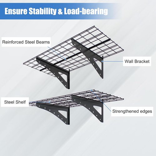 Garage Shelving | Wall Mounted Heavy Duty Set of 2 - 2 x 4 ft Floating Storage Racks, Max Load 250 lbs, Black
