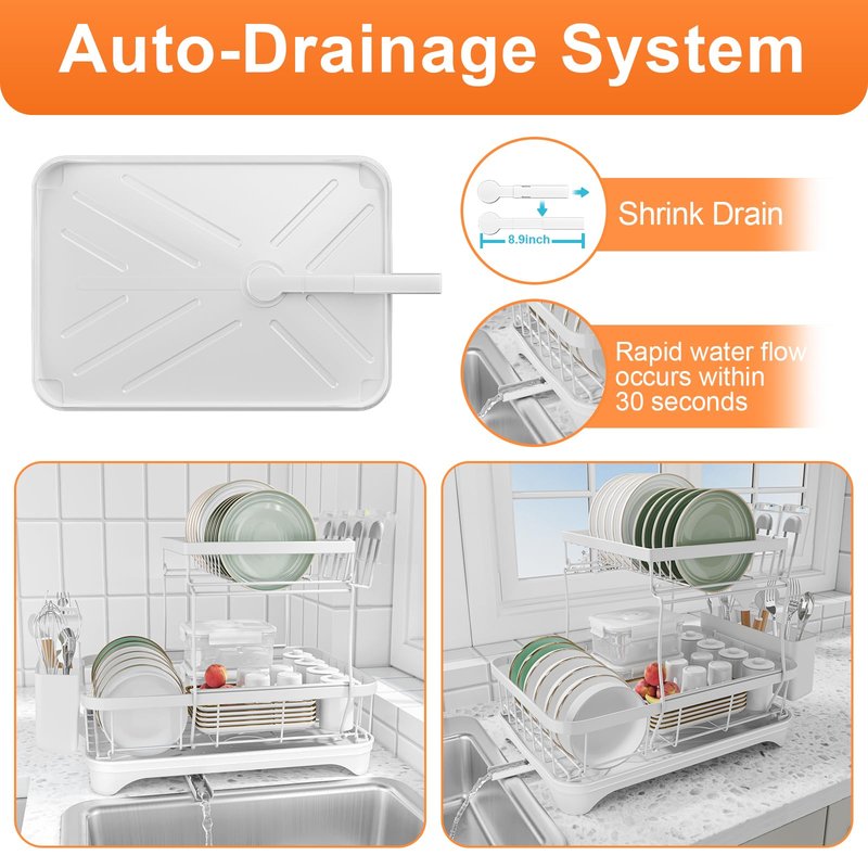 Dish Drying Rack - 304 Stainless Steel Dish Rack for Kitchen Counter , Adjustable Spout Auto-Draining Dish Rack, 2-Tier Kitchen Organizers and Storage Rack with Drainboard and Cutlery Holder White
