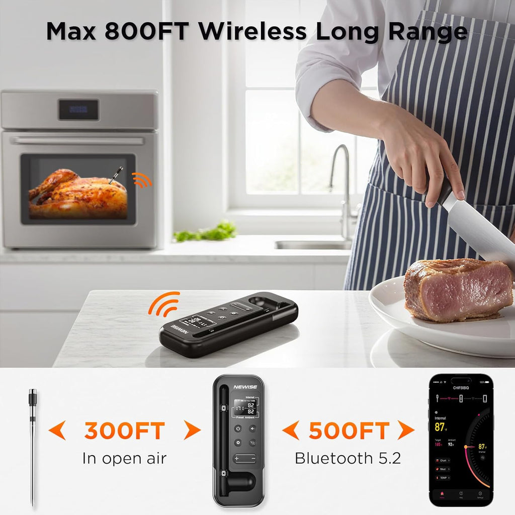 Newise Bluetooth Meat Thermometer - 800FT Wireless Range, Smart App & Rechargeable Probe | Ideal for BBQ & Grilling