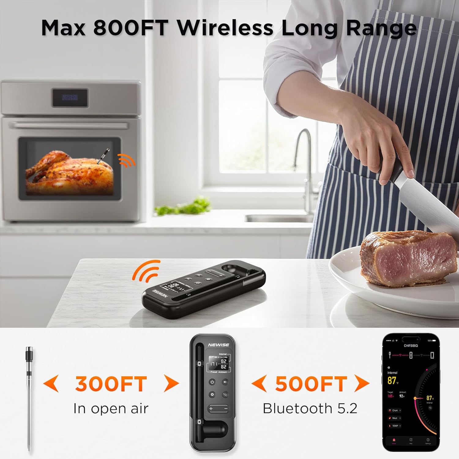 Newise Bluetooth Meat Thermometer - 800FT Wireless Range, Smart App & Rechargeable Probe | Ideal for BBQ & Grilling