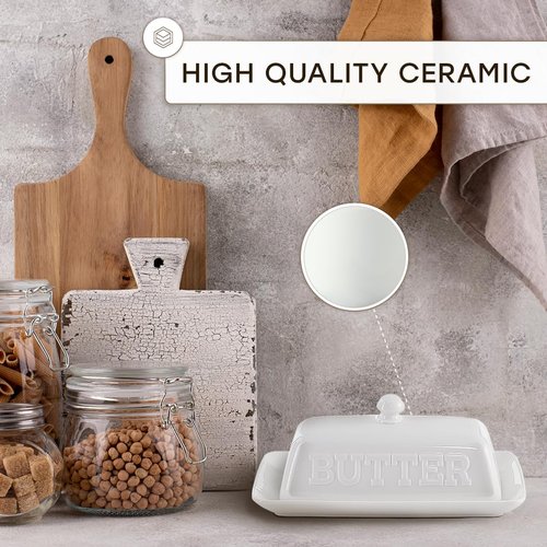 Maison Neuve White Ceramic Butter Dish with Lid for Countertop, White Kitchen Decor, Bold Embossed Font, Chip-Resistant, Microwaves & Dishwasher Safe, Butter Keeper, Country Kitchen Decor