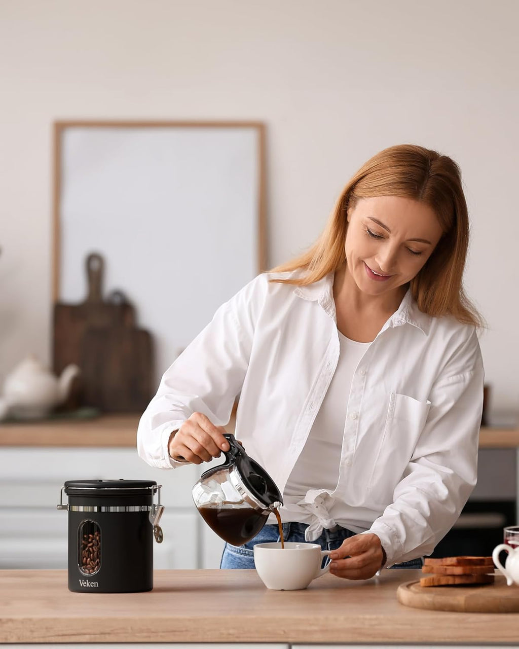 Veken Coffee Canister - Airtight Stainless Steel Storage Container with Window & Date Tracker | 16oz Black