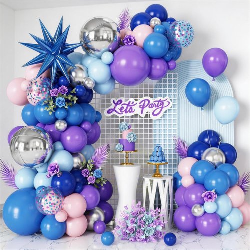 Blue Purple Silver Balloon Arch Garland Kit - Star Foil & 4D Round Balloons for Baby Shower & Birthday Party