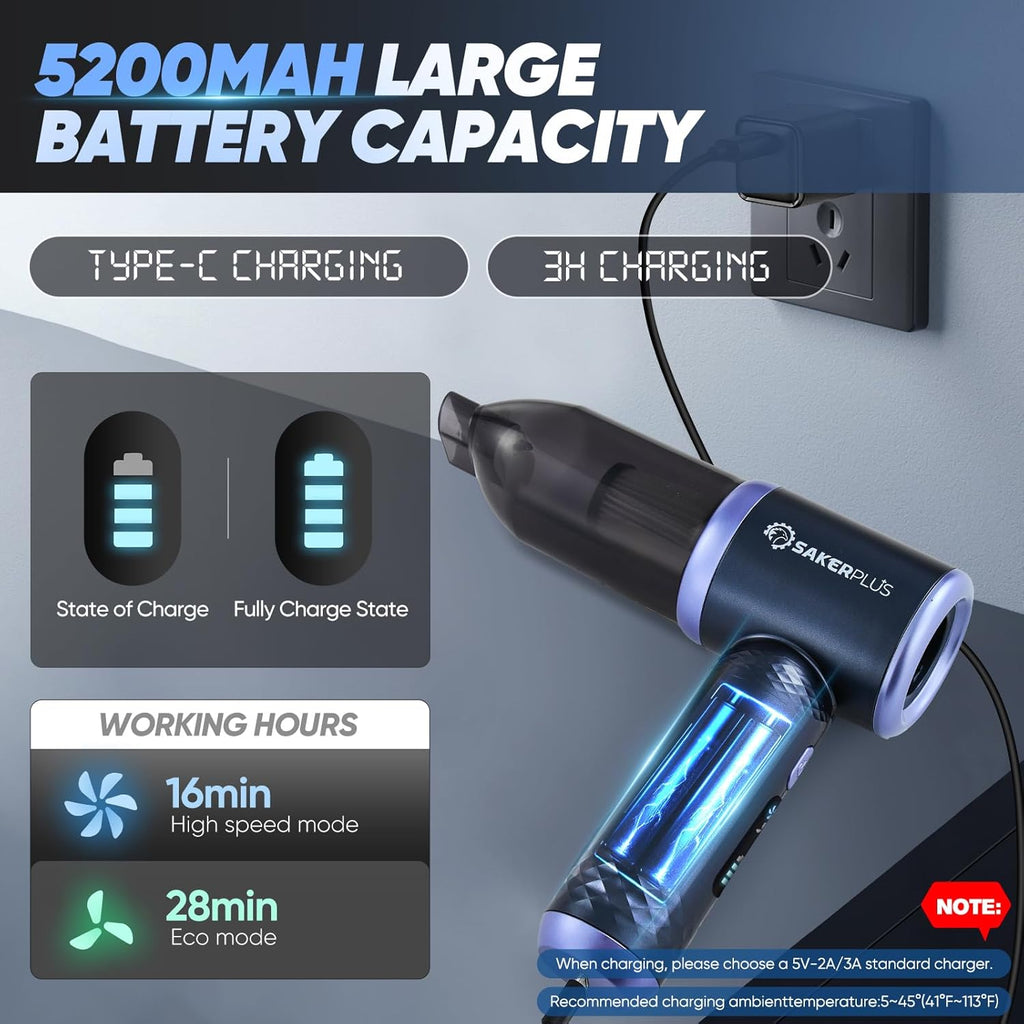 SakerPlus Car Vacuum Cleaner - 3 in 1 Cordless Handheld, 13000Pa High Power, Portable for Cars & Desktop