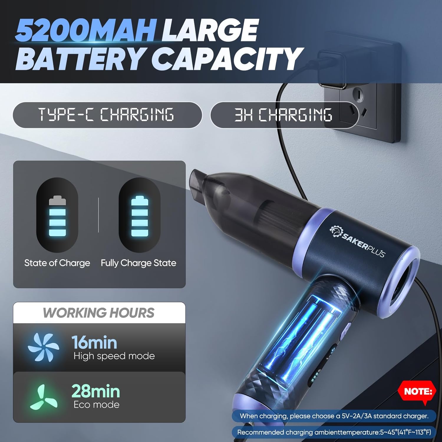 SakerPlus Car Vacuum Cleaner - 3 in 1 Cordless Handheld, 13000Pa High Power, Portable for Cars & Desktop