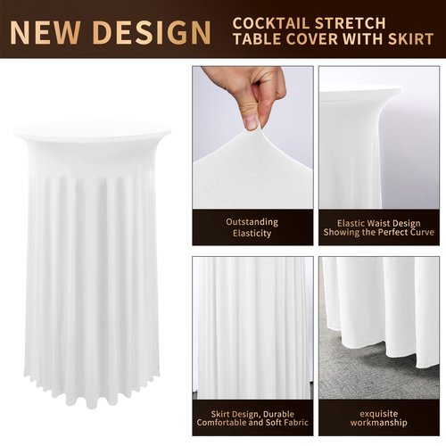 3 Packs Cocktail Table Covers Spandex Stretch White Round Tablecloth with Skirt, 32"x 43" Upgraded Model Cocktail Table Skirt Fitted High Top Stretch Table Dress for Party Wedding Banquet Table