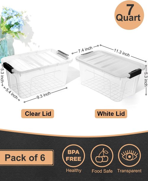 EOENVIVS Plastic Storage Bins - 7 Quart Stackable Containers with Lids & Black Buckle Latch | 6 Pack, Clear