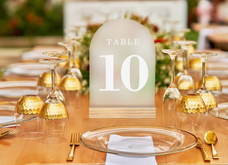 ORGANTEAM Wedding Table Numbers 1-20, Acrylic Arch Signs with Natural Wood Stands Holders, Rustic Table Decor for Reception & Parties (Frosted White)