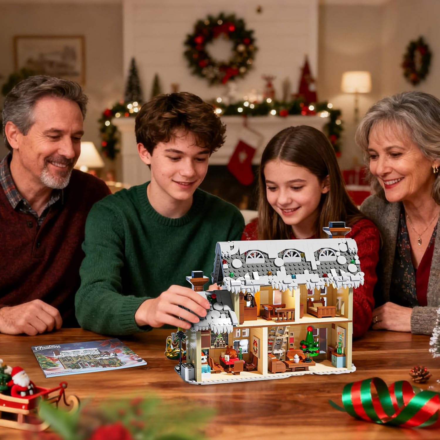 Skiennix Gingerbread House Building Block Set - 1405 PCS with Sleigh, Holiday Animals & LED Lights