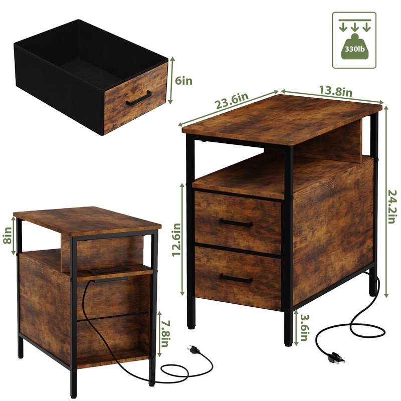 JCMCDO End Table with Charging Station, Narrow Side Table with 2 Fabric Drawer & Storage Shelf, USB Ports & Power Outlets, Narrow Nightstand for Bedroom Living Room and Small Spaces, Rustic Brown