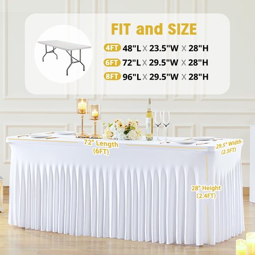 Besutolife White Tablecloths for Rectangle Tables 6ft Spandex Table Skirt One-Piece Wrinkle-Resistant Ruffles Design for Banquets Parties Wedding Dining Table