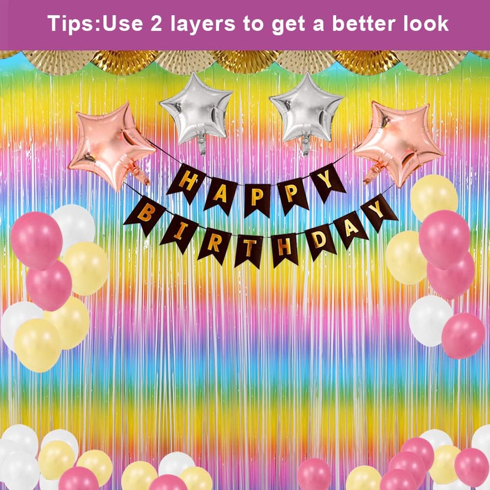 Skiennix Fringe Curtains - Tinsel Backdrop for Parties | 3 Pack Macaroon Rainbow Decorations