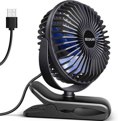 BESKAR Portable USB Clip-On Fan - 3-Speed Strong Airflow, Quiet Operation, Sturdy Clamp Design