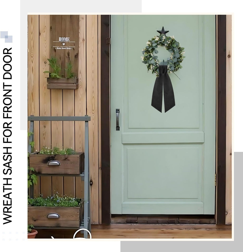Regine Switzerland Black Wreath Sash - Elegant Linen Ribbon Bow for Front Door & Porch Decor