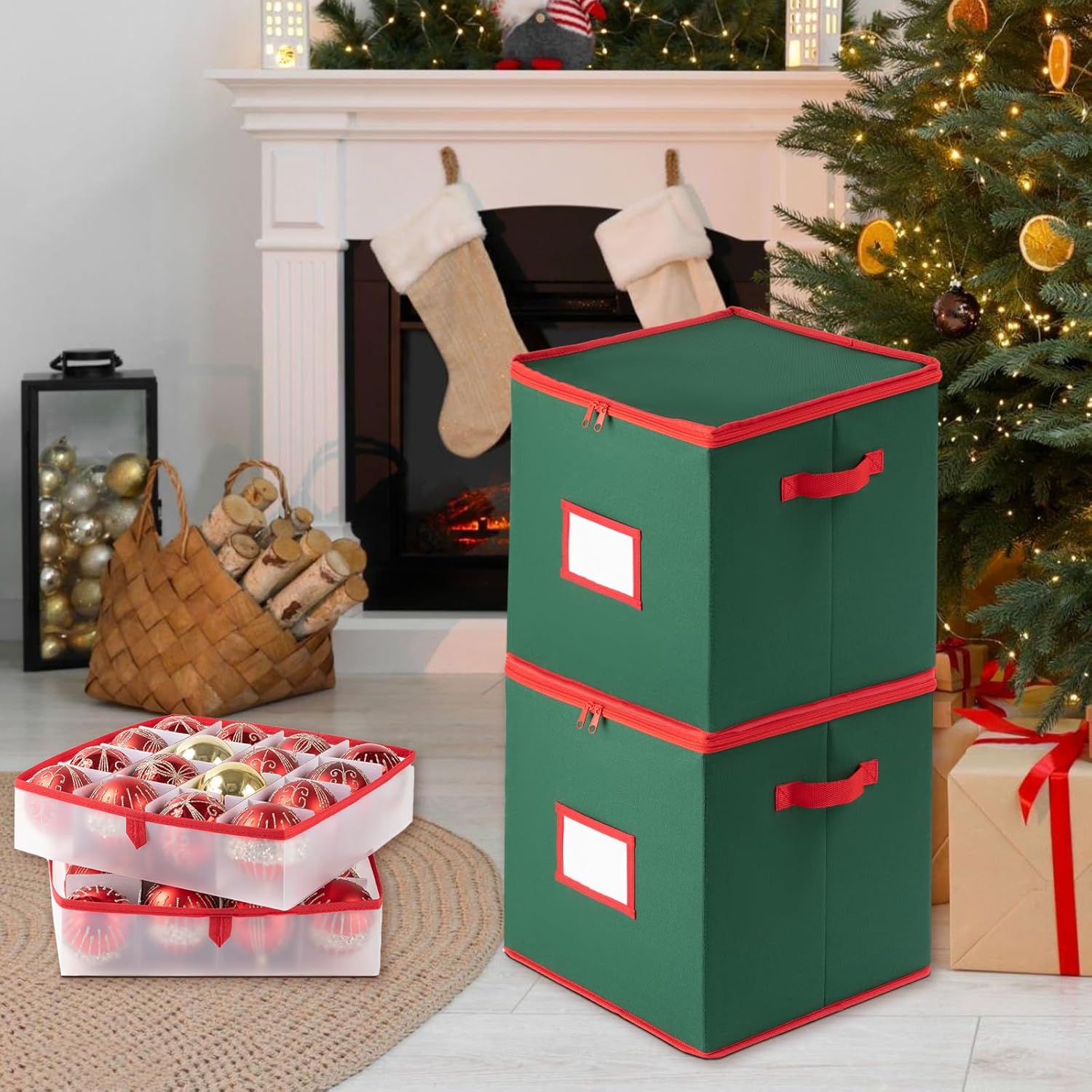 OIAHOMY Ornament Storage Box - 2 Pack Holds 64 Balls Each | Durable 600D Oxford Fabric - Green