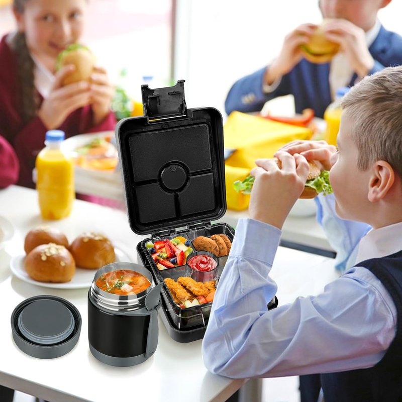 Pawtong Bento Lunch Box Set With 10oz Soup Thermo, Leak-proof Lunch Containers with 4 Compartment, Kids Hot Thermo Food Jar/Insulation Lunch Bag, Food Containers for School（Shark）