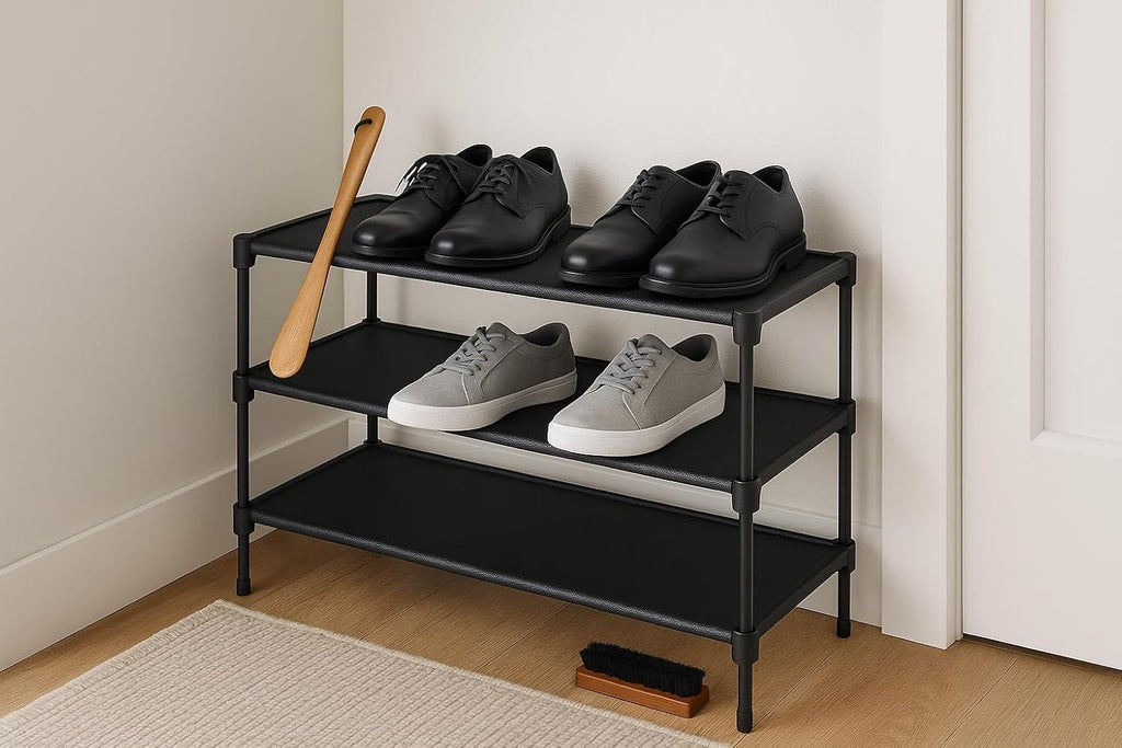 Skiennix 3-Tier Shoe Rack Organizer - Durable Plastic Storage Shelf for Entryway & Closet - Black