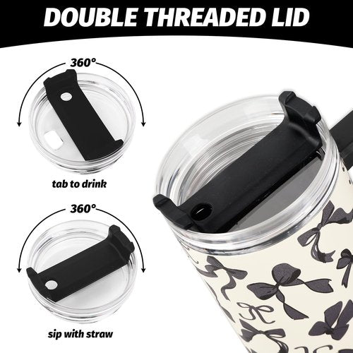 JarThenaAMCS Black Bow Tumbler with Lid and Straw 40oz Ribbon Bow Printed Tumbler with Handle Beige Black Stainless Steel Cup for Gift Home Office Travel