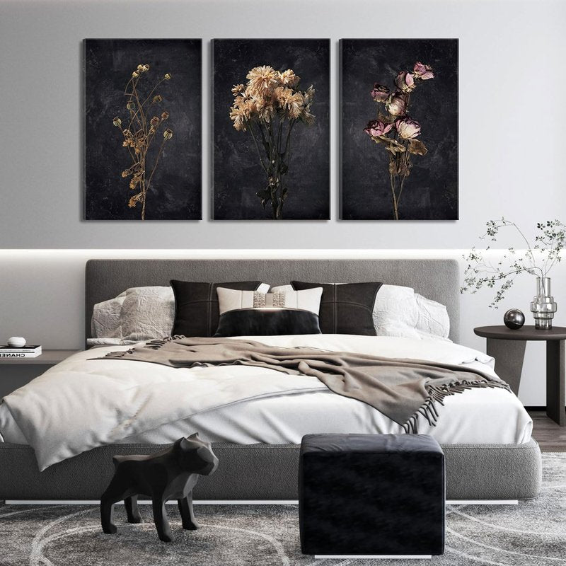3Pcs Dark Floral Canvas wall art Moody Dried Wildflower Posters Pictures Wall Decor Nature Wilderness Botanical Paintings Abstract Prints for Living Room Bedroom Office Modern Farmhouse Home Artwork