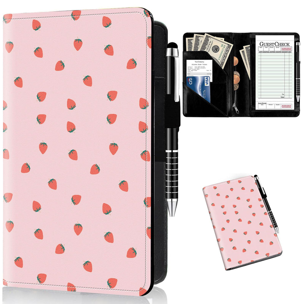 Server Books for Waitress with Zipper Pocket Cute Waitress Books for Servers,Leather Waiter Wallet Server Book Organizer Server Check Book Fit Server Apron,with A Pen,Pink Strawberry Pattern