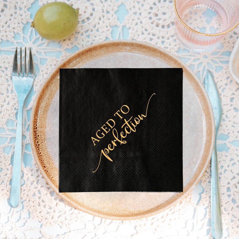 Aged to Perfection Birthday Party Disposable Paper Napkins 3-ply Gold Foil and Black Beverage Napkins for Happy Birthday Party Decorations Retirement Cocktail Napkins