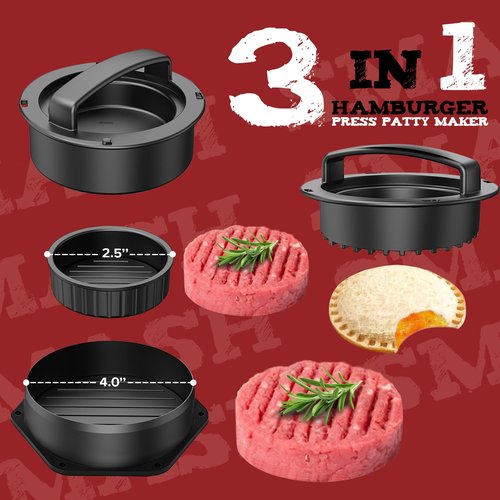 Grilliance 5pcs Smash Burger Press Kit, 3 in 1 Hamburger Press Patty Maker, Cast Iron Burger Press Round & Rectangle, 100pcs Wax Paper for Grill, Griddle, Flat top, Kitchen, Cooking