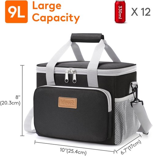 Lifewit Insulated Lunch Bag - Soft Cooler Tote for Adults | Gray & Black, 12-Can Capacity (9L)