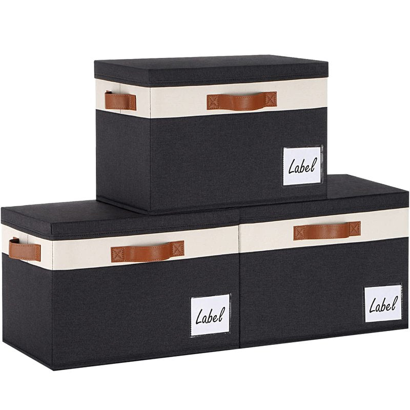 PFFVRP Extra Large Storage Bins with Lids, Foldable Fabric Storage Baskets with Lids, Sturdy Storage Boxes with Labels and 3 PU Handles for Closet Home Bedroom Office (32L, 3 Packs, Black&White)