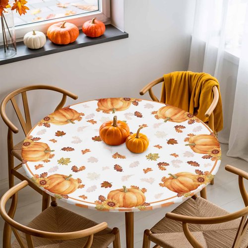 Fall Thanksgiving Pumpkin Kitchen Cover, Orange Buffalo Plaid Fitted Tablecloth for Round Tables, Waterproof with Elastic Edge, Autumn Maple Leaves White Circle Table Covers 36-44in