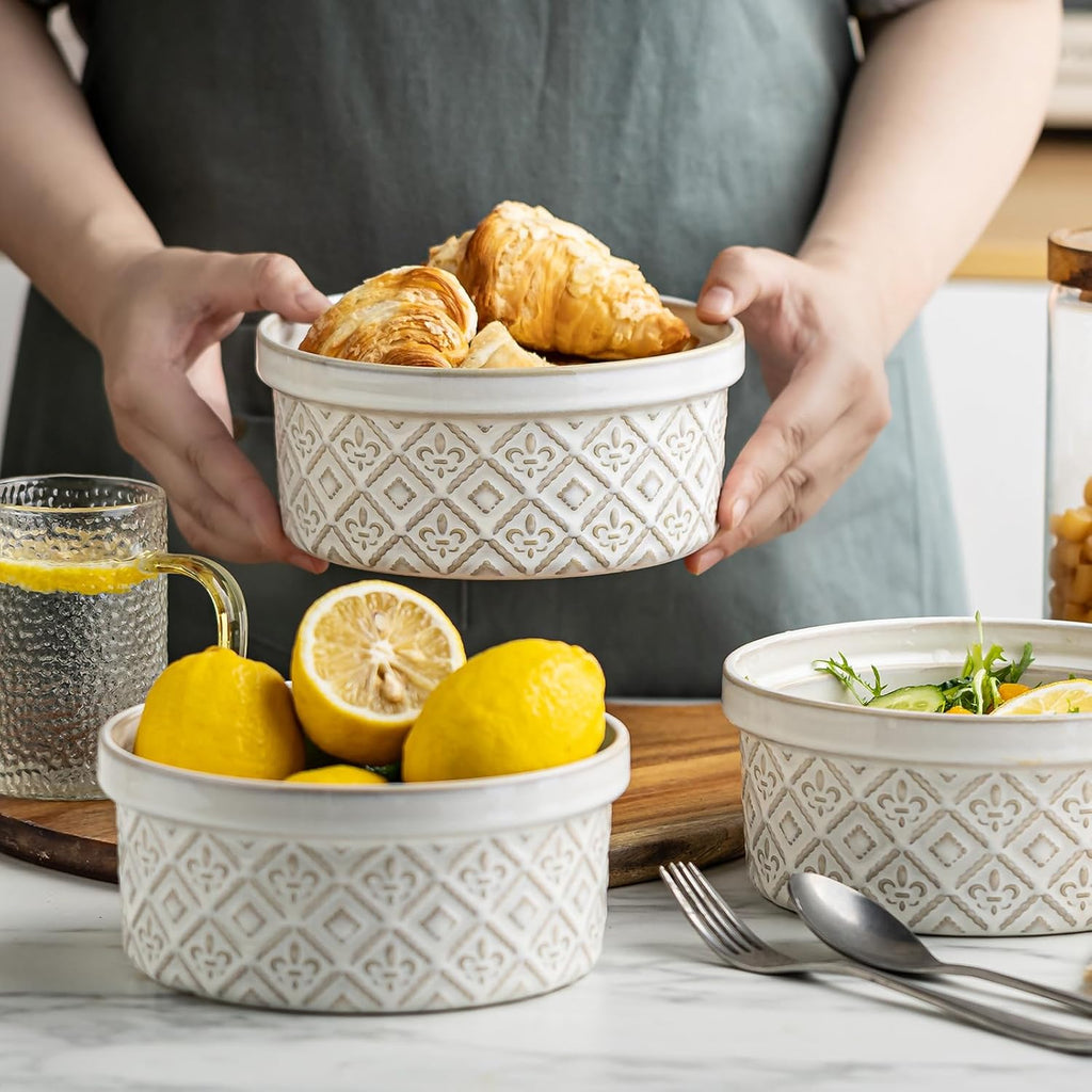 Ramekins 40 Oz Ceramic Bowls Set of 4 - Airtight Mixing Bowls with Lids for Salad, Soup & Baking - Beige