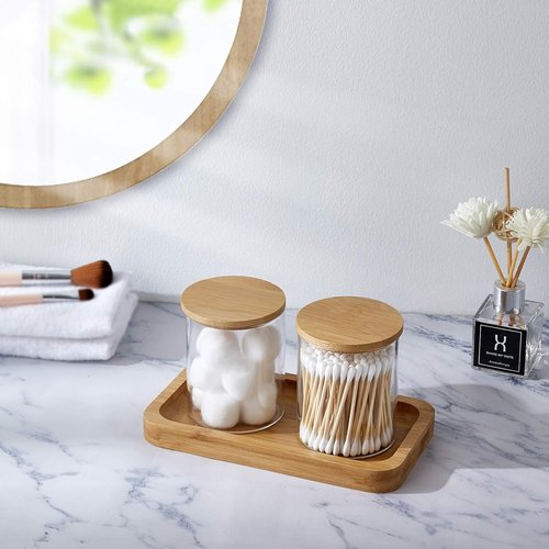 INIUNIK Glass Qtip Holder - Elegant Vanity Tray & Apothecary Jar Organizer for Cotton Balls, Swabs & Accessories