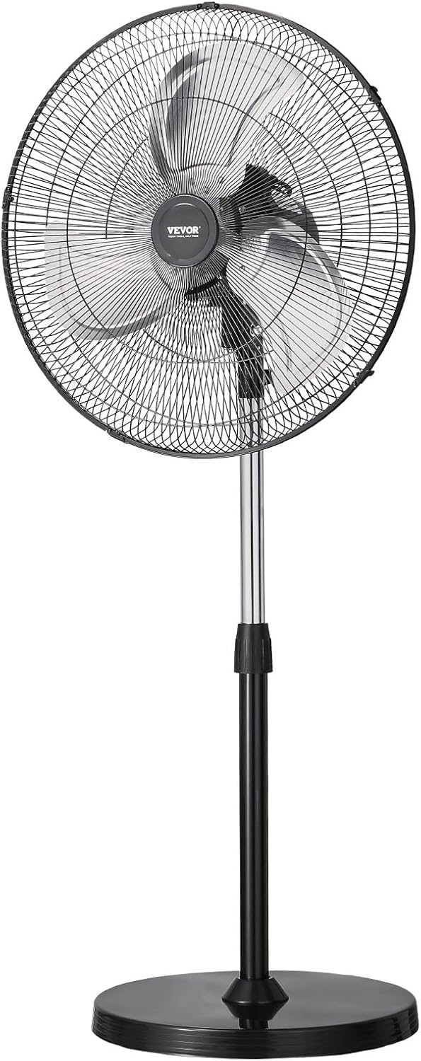 VEVOR 20-Inch Industrial Pedestal Fan - Adjustable Height & 90-Degree Oscillation | Powerful Black Floor Fan for Garage & Warehouse