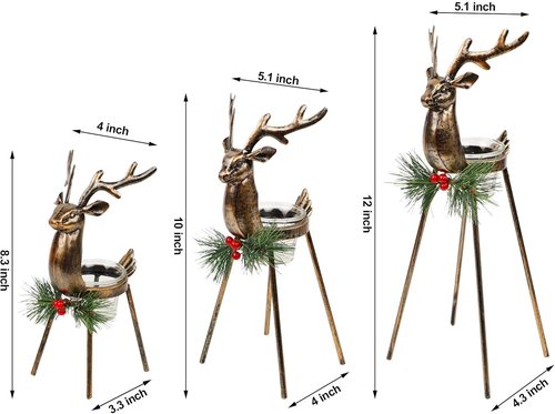 Juegoal Reindeer Tealight Candle Holders - Set of 3 Durable Iron Metal Christmas Decorations | Glass Votive Holders